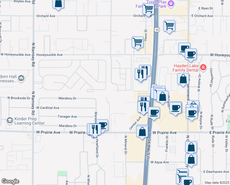 map of restaurants, bars, coffee shops, grocery stores, and more near 827 West Prairie Avenue in Hayden