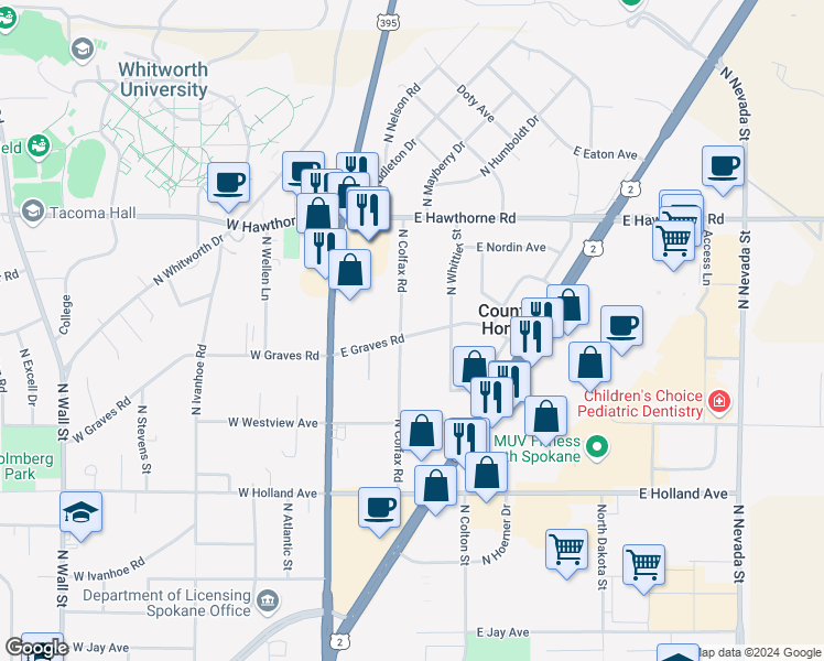 map of restaurants, bars, coffee shops, grocery stores, and more near 114 East Graves Road in Spokane