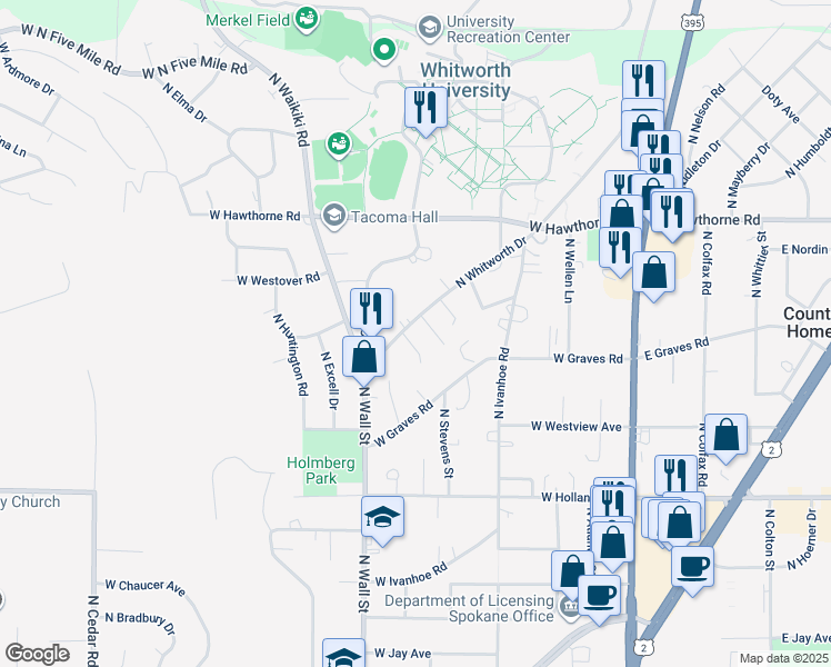 map of restaurants, bars, coffee shops, grocery stores, and more near 10020 North Whitworth Drive in Spokane