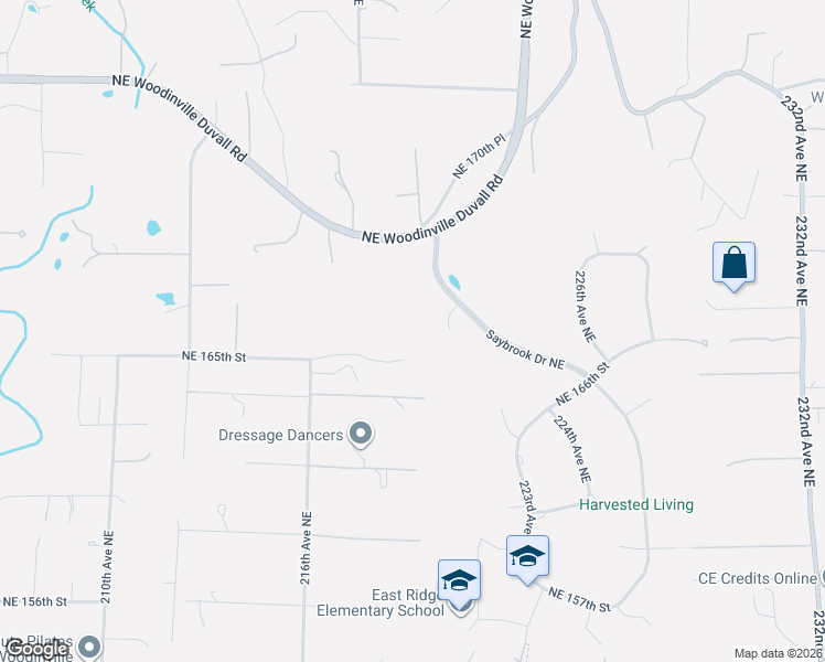 map of restaurants, bars, coffee shops, grocery stores, and more near 21648 Northeast 165th Street in Woodinville