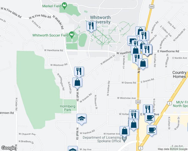 map of restaurants, bars, coffee shops, grocery stores, and more near 522 Gary Lane in Spokane