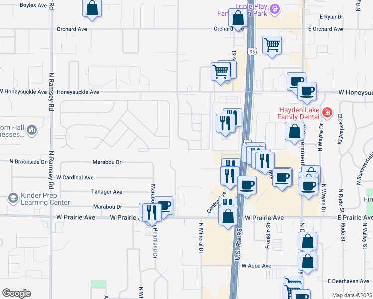 map of restaurants, bars, coffee shops, grocery stores, and more near 675 West Capstone Court in Hayden