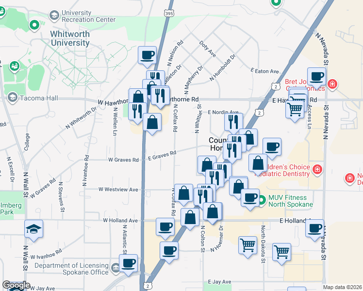 map of restaurants, bars, coffee shops, grocery stores, and more near 114 East Graves Road in Spokane