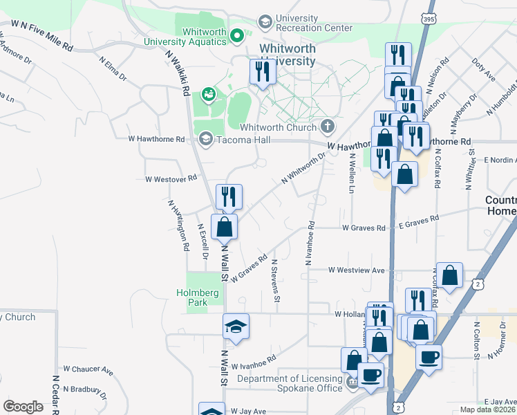 map of restaurants, bars, coffee shops, grocery stores, and more near 10024 North Whitworth Drive in Spokane