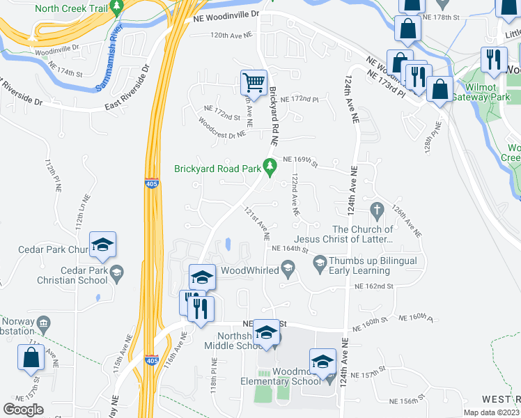map of restaurants, bars, coffee shops, grocery stores, and more near 12117 Northeast 166th Place in Bothell