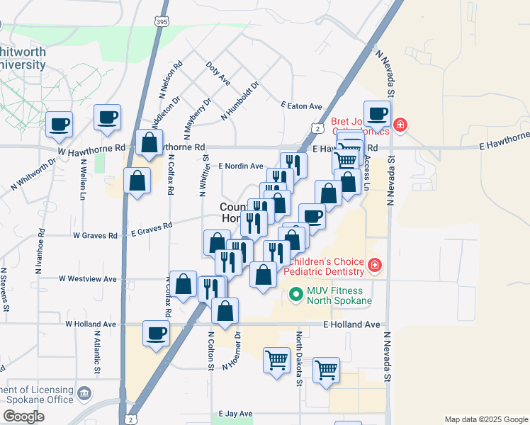 map of restaurants, bars, coffee shops, grocery stores, and more near 9960 North Newport Highway in Spokane