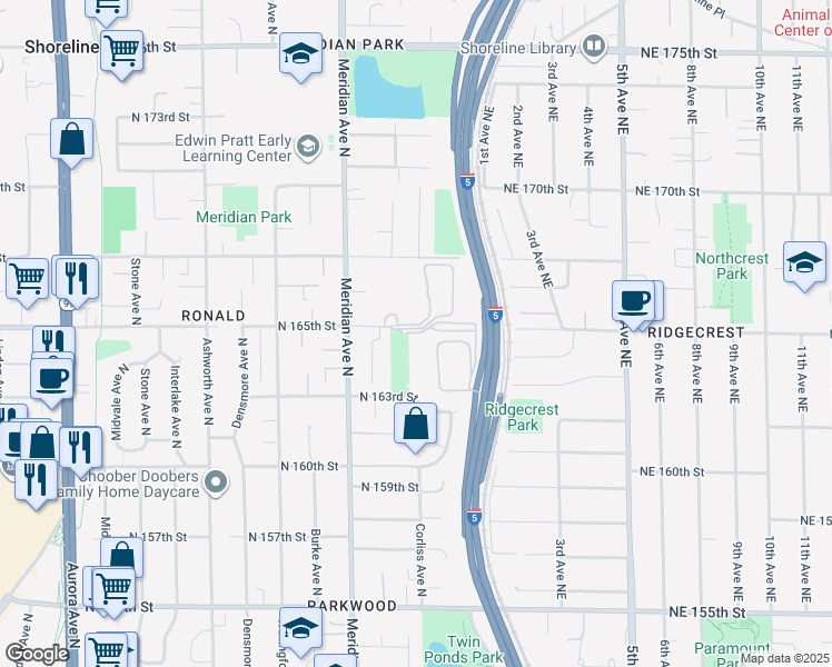 map of restaurants, bars, coffee shops, grocery stores, and more near 16443 Corliss Avenue North in Shoreline