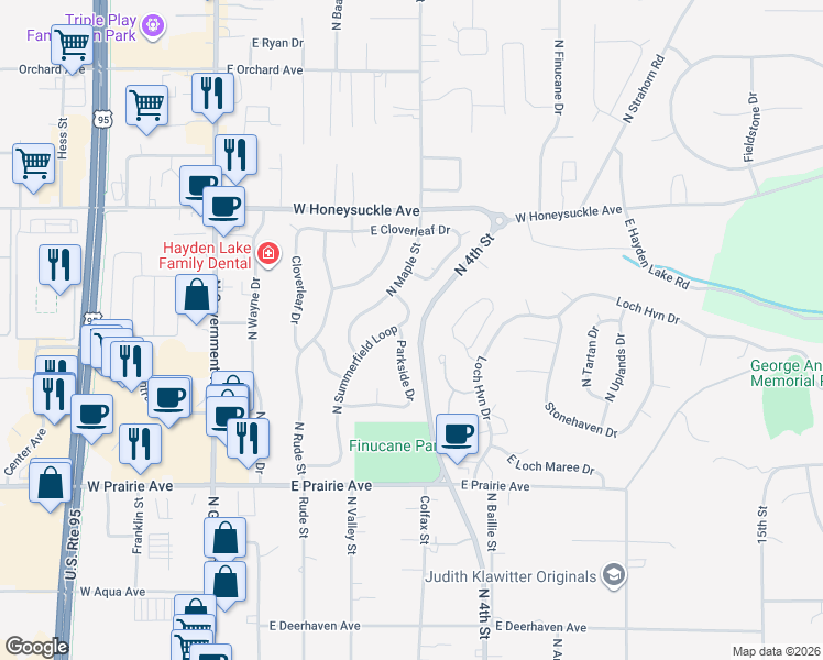 map of restaurants, bars, coffee shops, grocery stores, and more near 8391 North Parkside Drive in Hayden
