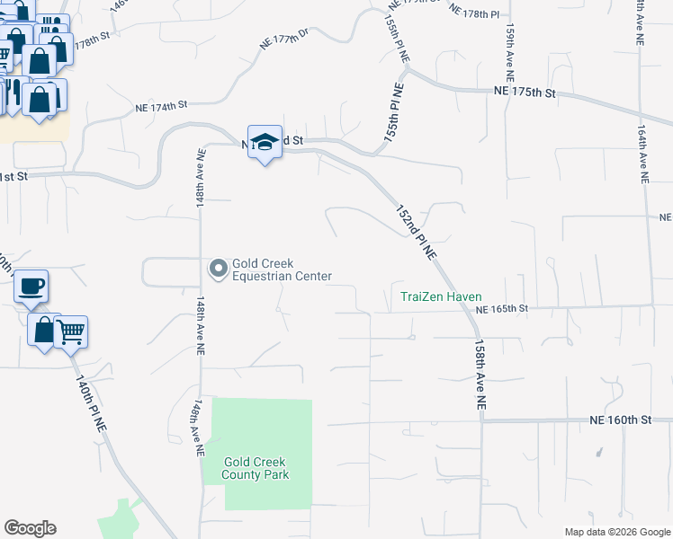 map of restaurants, bars, coffee shops, grocery stores, and more near 15310 Northeast 166th Lane in Woodinville