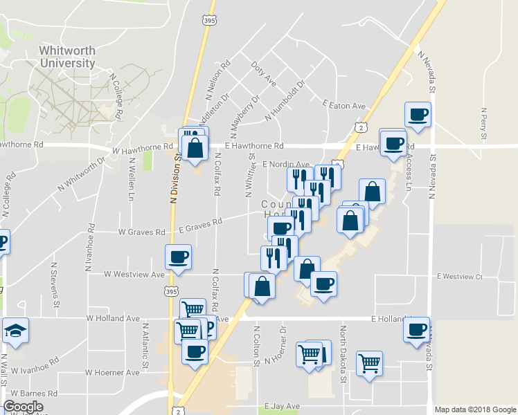 map of restaurants, bars, coffee shops, grocery stores, and more near 9914 North Whittier Street in Spokane