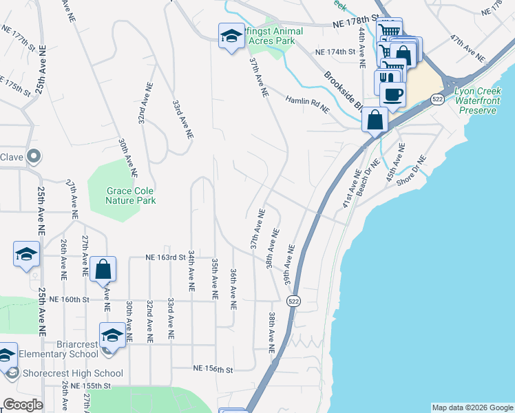 map of restaurants, bars, coffee shops, grocery stores, and more near 16247 37th Avenue Northeast in Lake Forest Park
