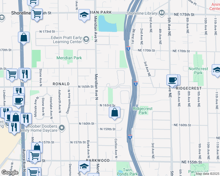 map of restaurants, bars, coffee shops, grocery stores, and more near 16407-16443 Corliss Ave N in Shoreline