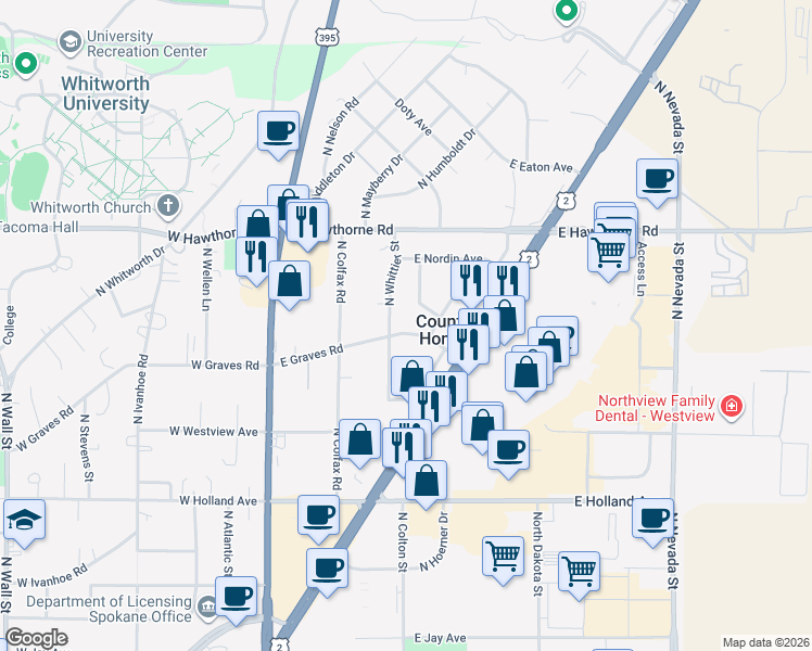 map of restaurants, bars, coffee shops, grocery stores, and more near 9914 North Whittier Street in Spokane