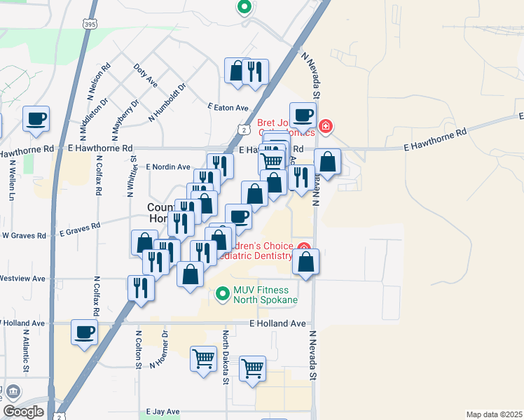 map of restaurants, bars, coffee shops, grocery stores, and more near 9960 North Newport Highway in Spokane