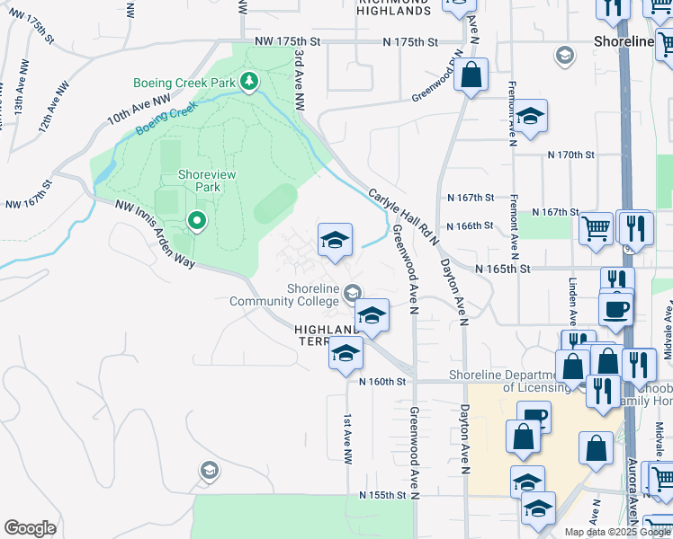 map of restaurants, bars, coffee shops, grocery stores, and more near 16101 Greenwood Avenue North in Shoreline