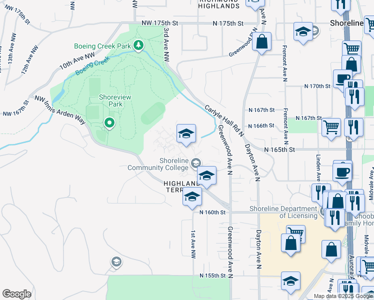 map of restaurants, bars, coffee shops, grocery stores, and more near 16101 Greenwood Avenue North in Shoreline