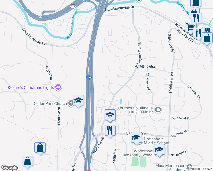 map of restaurants, bars, coffee shops, grocery stores, and more near 11718 Northeast 166th Court in Bothell