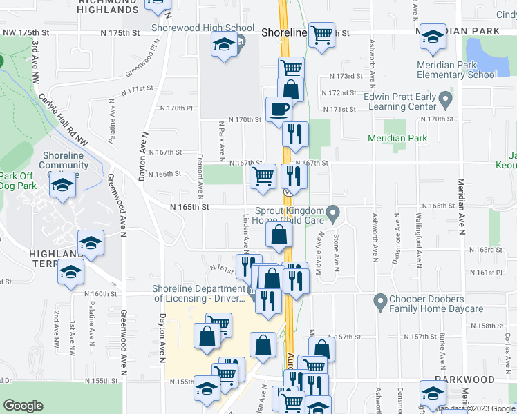 map of restaurants, bars, coffee shops, grocery stores, and more near 918 North 165th Street in Shoreline