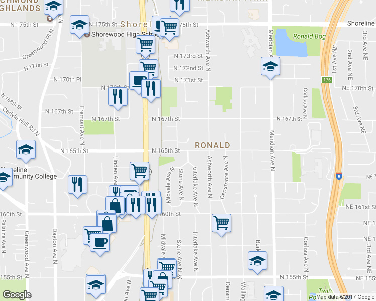 map of restaurants, bars, coffee shops, grocery stores, and more near 16498 Stone Avenue North in Shoreline
