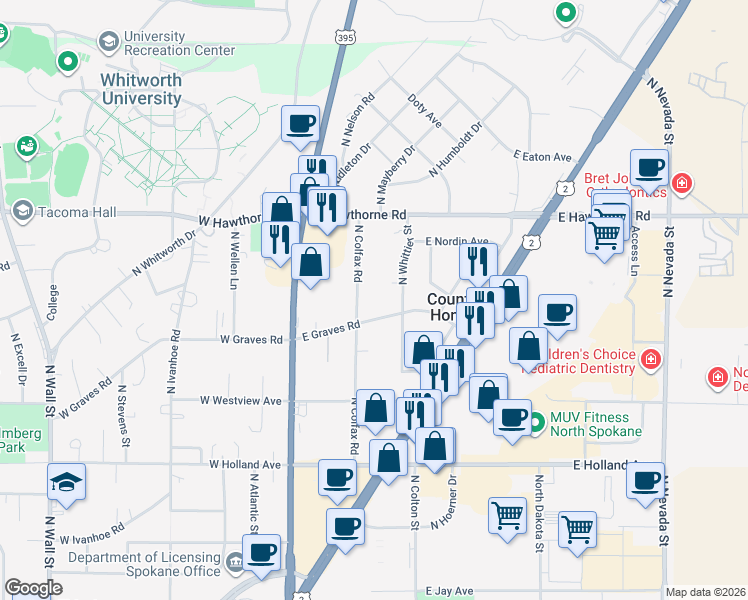 map of restaurants, bars, coffee shops, grocery stores, and more near 114 East Graves Road in Spokane