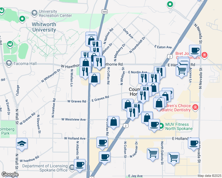 map of restaurants, bars, coffee shops, grocery stores, and more near 10008 North Colfax Road in Spokane