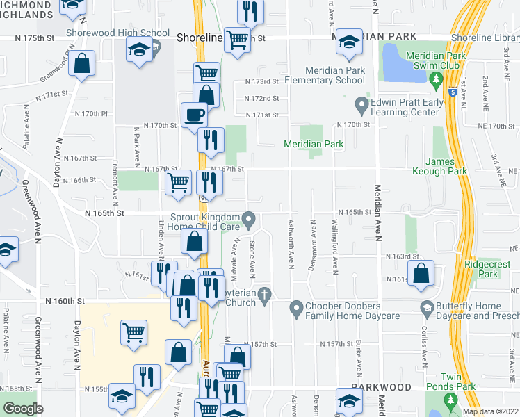 map of restaurants, bars, coffee shops, grocery stores, and more near 1316 North 165th Street in Shoreline