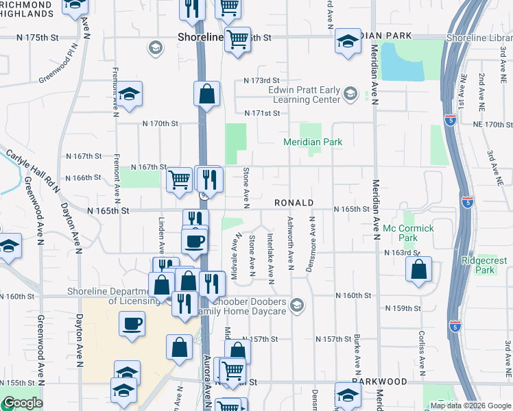map of restaurants, bars, coffee shops, grocery stores, and more near 1310 North 165th Street in Shoreline