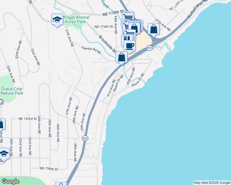 map of restaurants, bars, coffee shops, grocery stores, and more near 16505 Shore Drive Northeast in Lake Forest Park