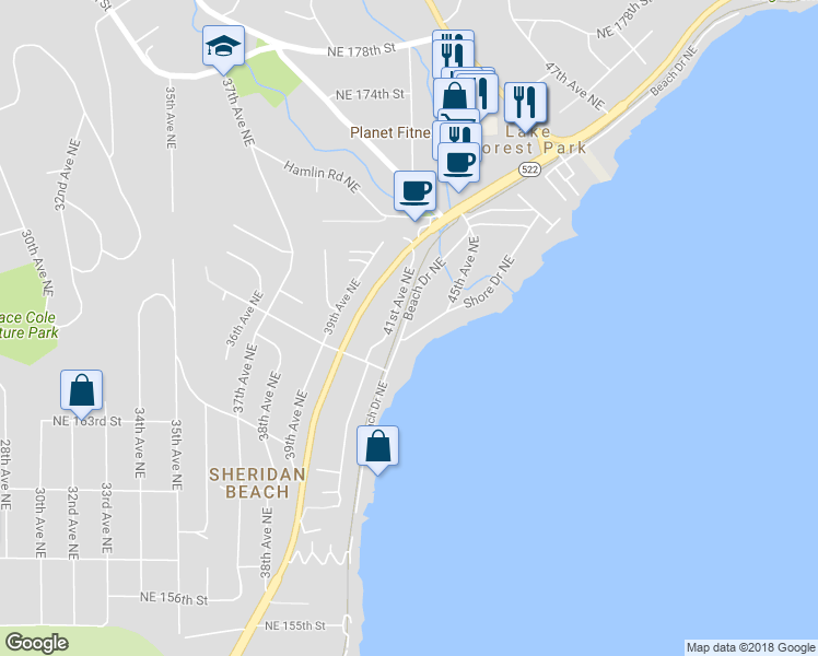 map of restaurants, bars, coffee shops, grocery stores, and more near 16505 Shore Drive Northeast in Lake Forest Park
