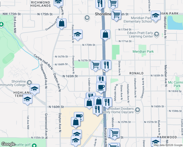 map of restaurants, bars, coffee shops, grocery stores, and more near 918 North 165th Street in Shoreline