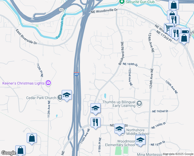 map of restaurants, bars, coffee shops, grocery stores, and more near 11806 Northeast 167th Street in Bothell