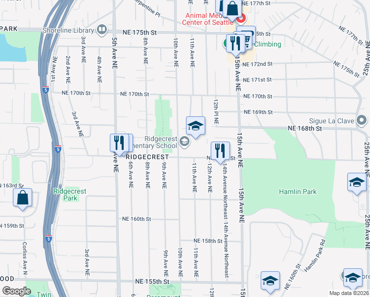 map of restaurants, bars, coffee shops, grocery stores, and more near 16516 10th Avenue Northeast in Shoreline