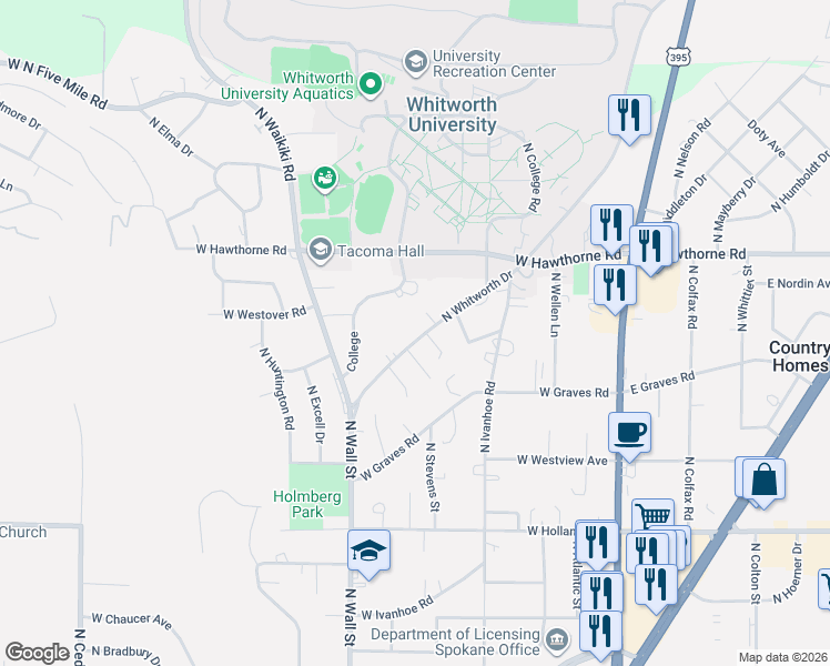 map of restaurants, bars, coffee shops, grocery stores, and more near 10220 College in Spokane