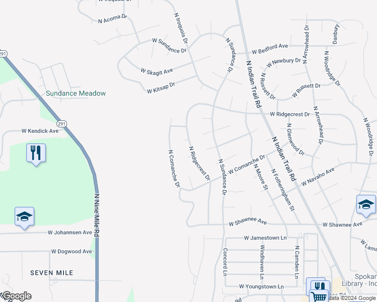 map of restaurants, bars, coffee shops, grocery stores, and more near 10110 North Ridgecrest Drive in Spokane