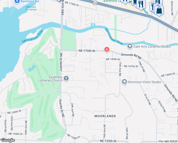 map of restaurants, bars, coffee shops, grocery stores, and more near 16607 72nd Avenue Northeast in Kenmore