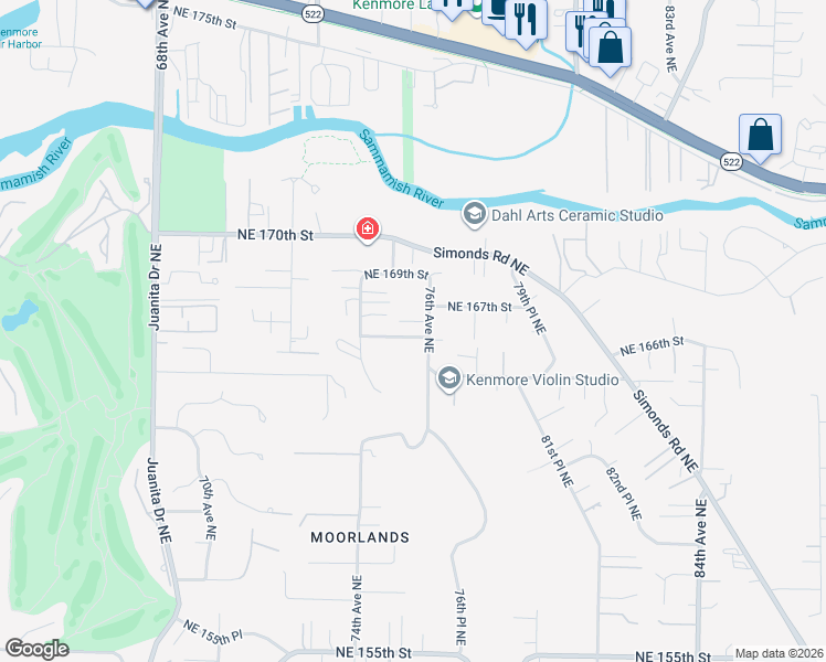 map of restaurants, bars, coffee shops, grocery stores, and more near 16711 76th Avenue Northeast in Kenmore