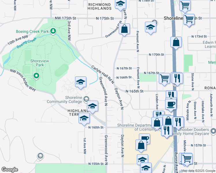 map of restaurants, bars, coffee shops, grocery stores, and more near 16555 Carlyle Hall Road North in Shoreline
