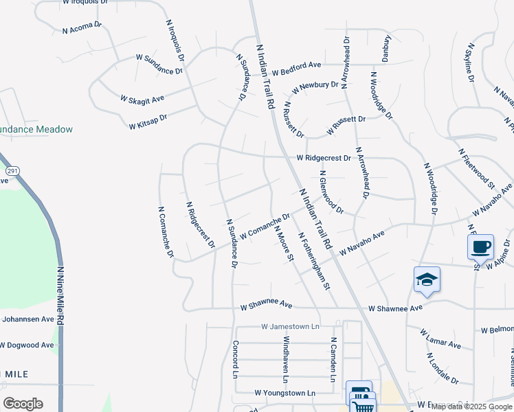 map of restaurants, bars, coffee shops, grocery stores, and more near 10101 North Moore Street in Spokane