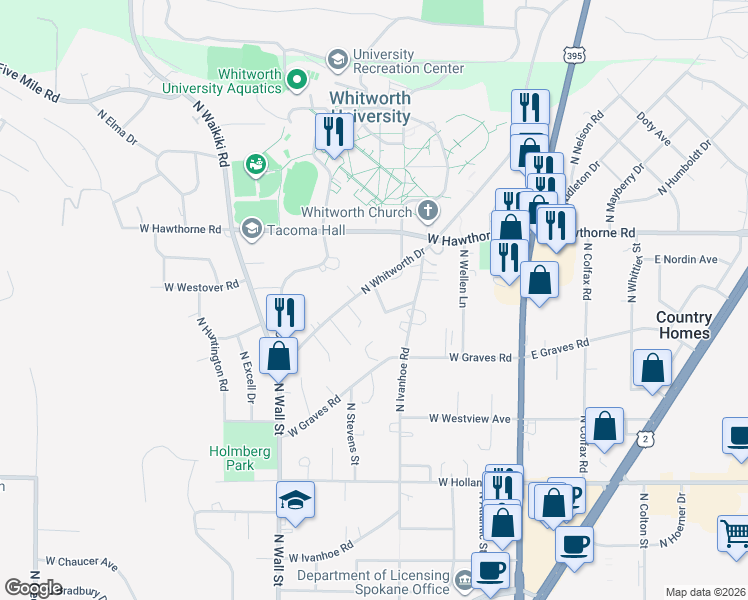 map of restaurants, bars, coffee shops, grocery stores, and more near 10205 North Juliann Drive in Spokane