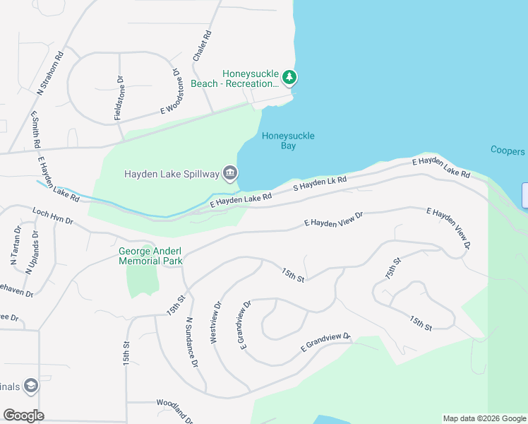 map of restaurants, bars, coffee shops, grocery stores, and more near 2220 East Upper Hayden Lake Road in Hayden