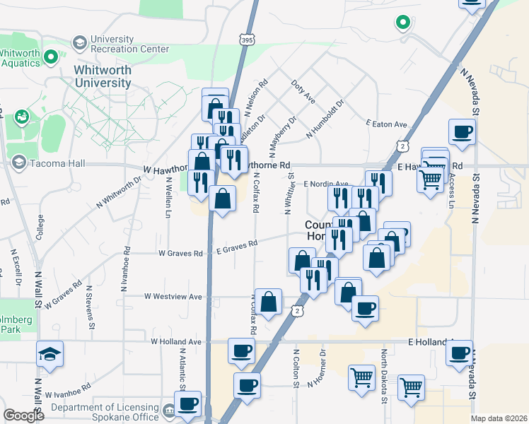 map of restaurants, bars, coffee shops, grocery stores, and more near 10024 North Colfax Road in Spokane