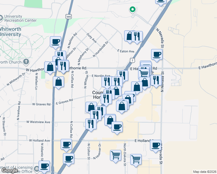 map of restaurants, bars, coffee shops, grocery stores, and more near 424 East Elm Road in Spokane