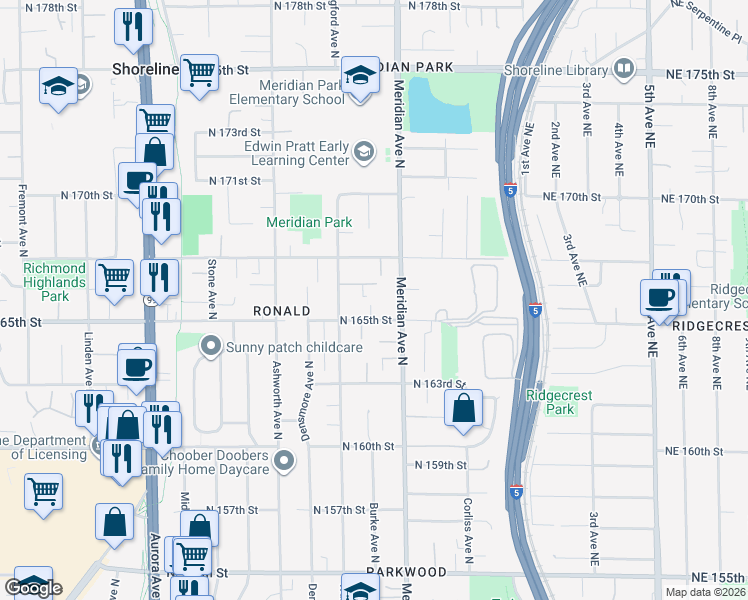 map of restaurants, bars, coffee shops, grocery stores, and more near 1843 North 166th Street in Shoreline