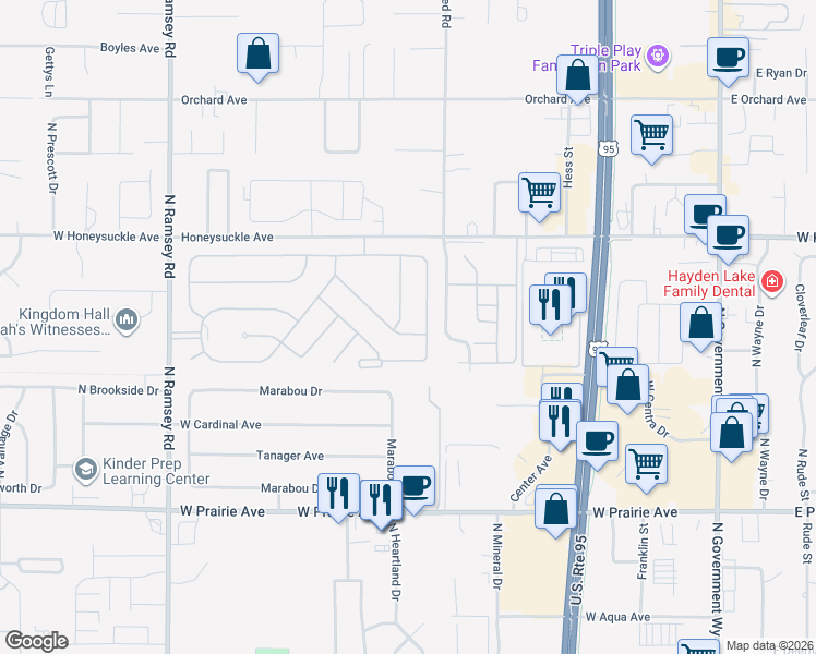 map of restaurants, bars, coffee shops, grocery stores, and more near 8562 Indywood Drive in Hayden