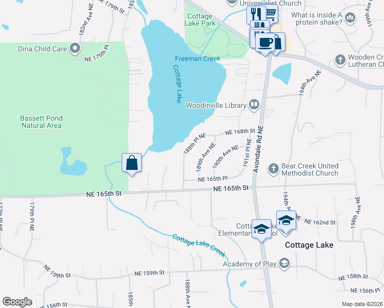 map of restaurants, bars, coffee shops, grocery stores, and more near 16704 188th Place Northeast in Woodinville