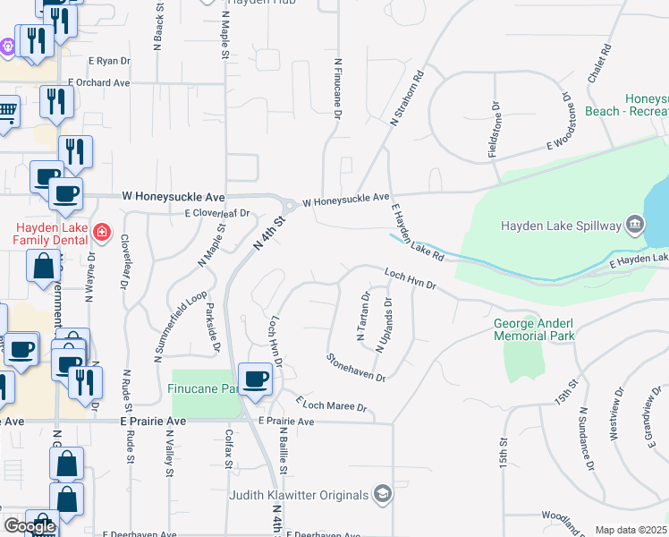 map of restaurants, bars, coffee shops, grocery stores, and more near 987 East Loch Lomond Court in Hayden