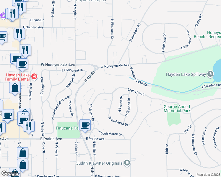 map of restaurants, bars, coffee shops, grocery stores, and more near 987 East Loch Lomond Court in Hayden