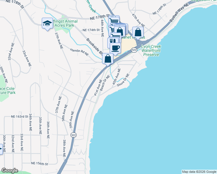 map of restaurants, bars, coffee shops, grocery stores, and more near 16535 Shore Drive Northeast in Lake Forest Park