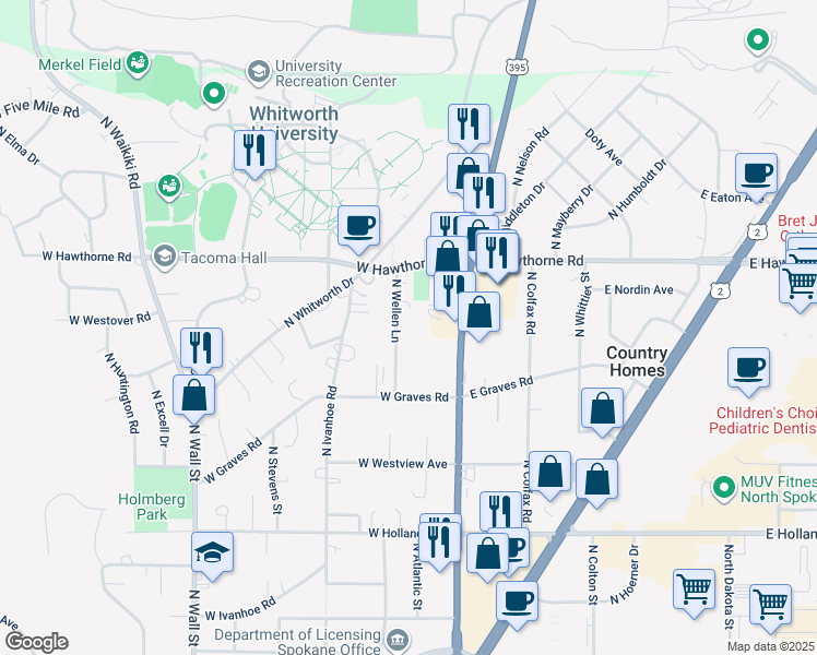 map of restaurants, bars, coffee shops, grocery stores, and more near 10204 North Wellen Lane in Spokane