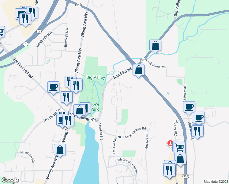 map of restaurants, bars, coffee shops, grocery stores, and more near 20455 1st Avenue Northeast in Poulsbo